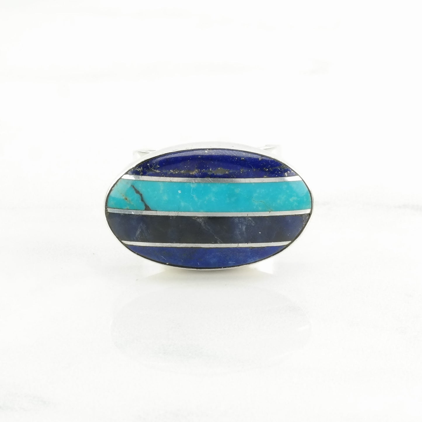 DTR Silver Ring Turquoise, Lapis Lazuli Inlay, Striped Sterling Blue Size 7 1/4