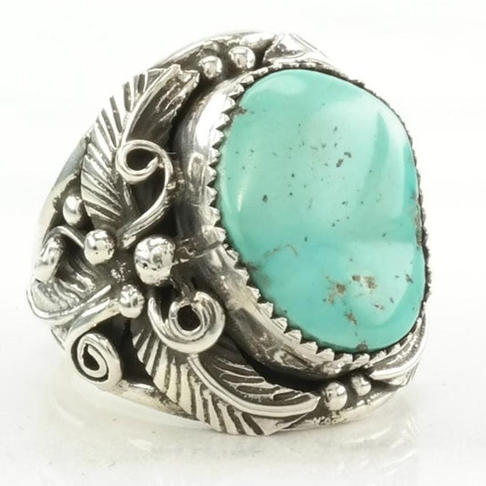 Vintage Native American Silver Ring Turquoise Floral Sterling Blue Size 10 3/4