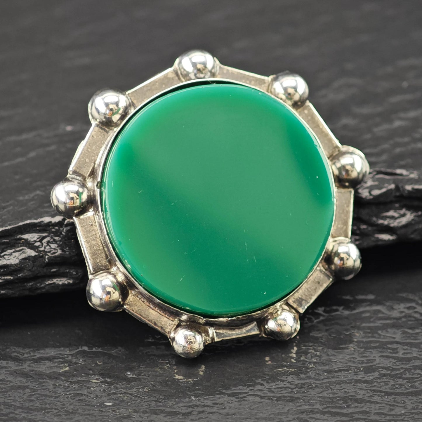 Mexico Sterling Silver Brooch Round Green Onyx