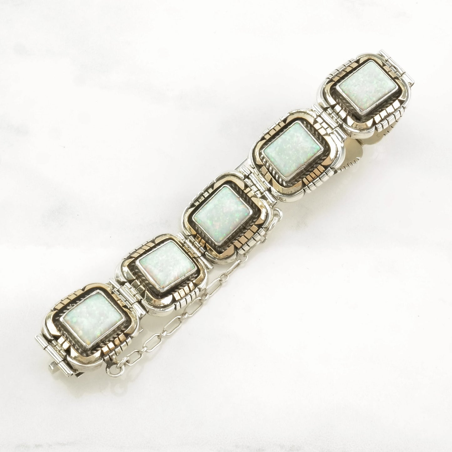 Navajo Sterling Silver Link Bracelet Lab Opal Two Tone