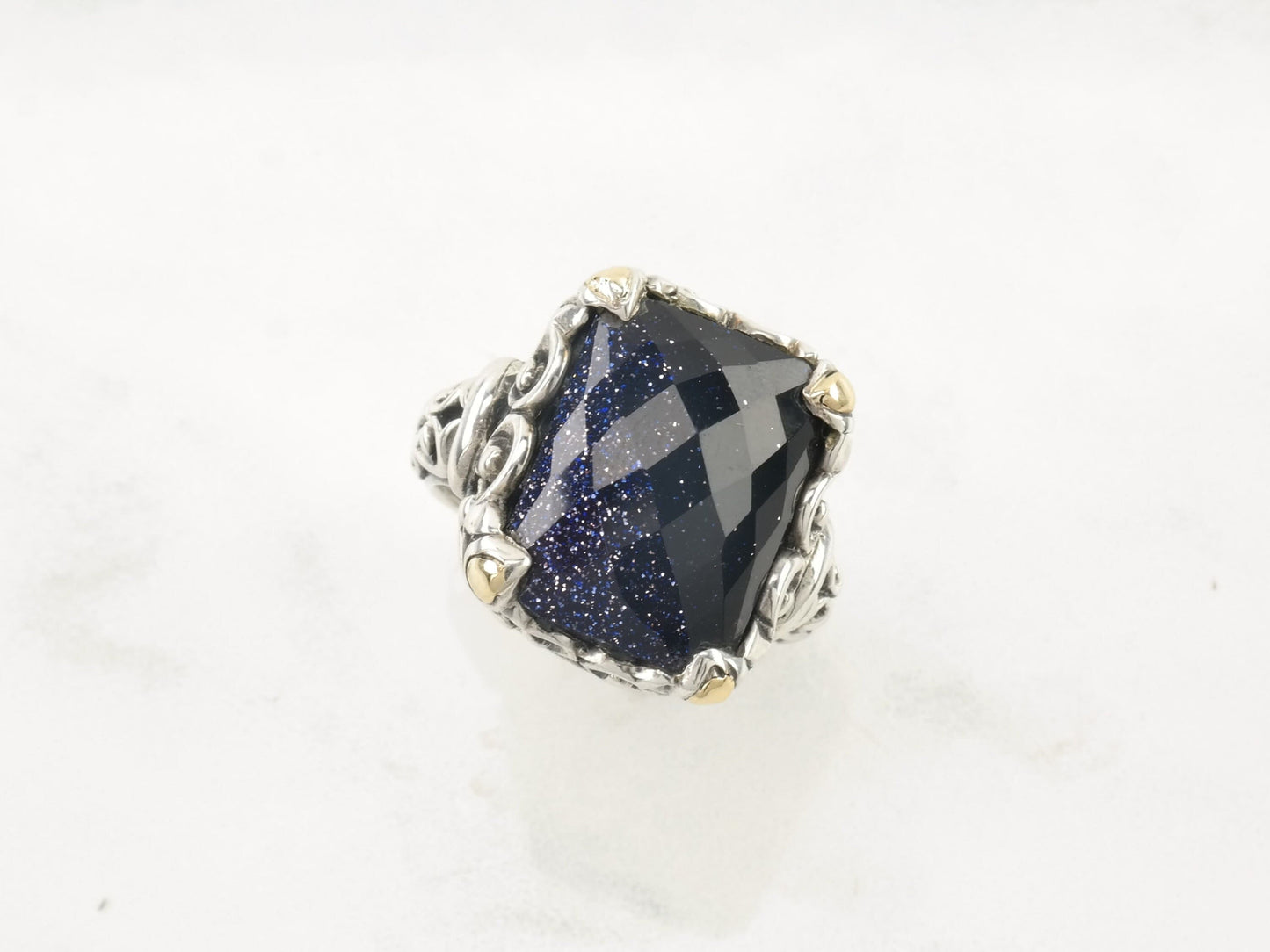 Vintage Robert Manse Sterling Silver Ring Blue Druzy 18K Gold Size 7