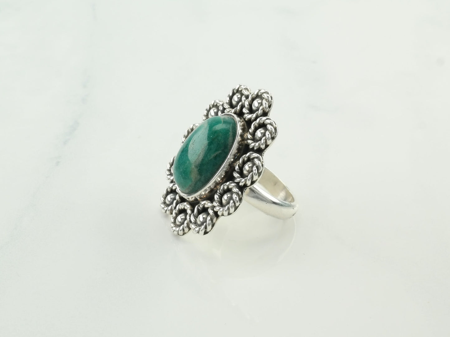 Taxco Silver Ring Turquoise Floral Sterling Green Size 6-6 1/4