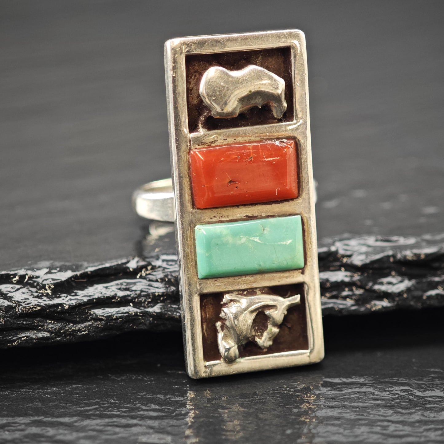 Zuni, Native American Turquoise, Coral Inlay Ring Sterling Silver Sz 6