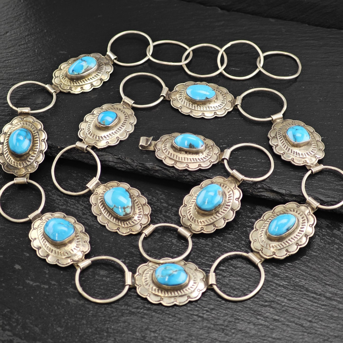 Vintage SW Turquoise Concho Sterling Silver Hook Belt