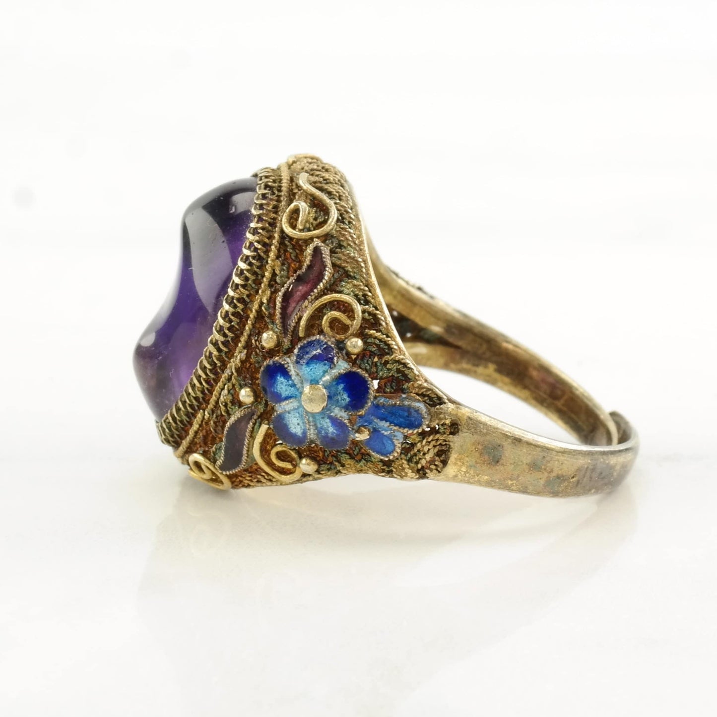 Sterling Silver Ring Amethyst Enamel, Flower, Gold Tone Size 9 1/2