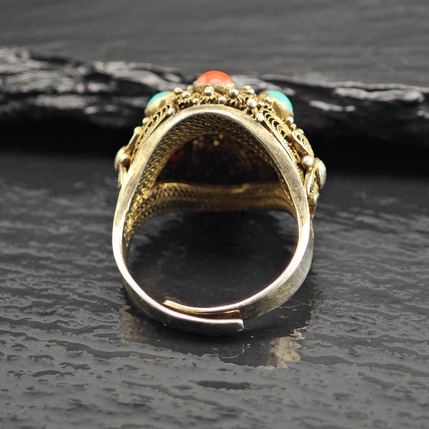 Chinese Export Turquoise & Coral Gold Gilded Ring Sterling Silver Sz 8 1/4 R6618