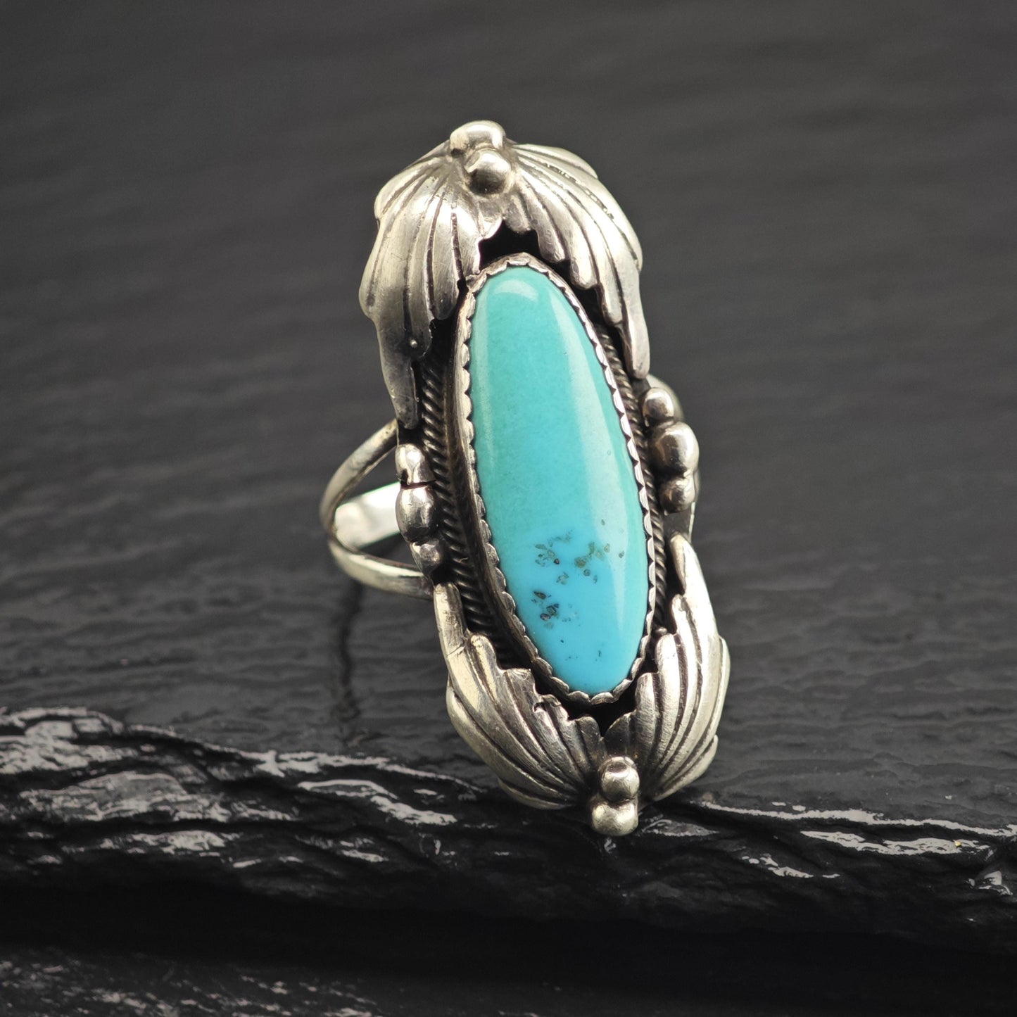 Oval Turquoise Feather Detail Sterling Silver Ring Sz 7 R6653