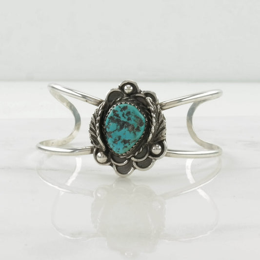 Southwest Sterling Silver Cuff Bracelet Blue Turquoise Leaf