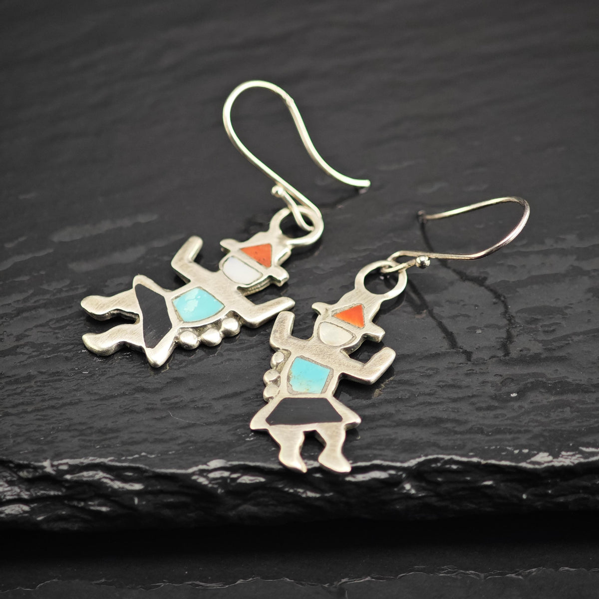 Native American Kachina Multistone Inlay Sterling Silver Dangle Earrings ER3212