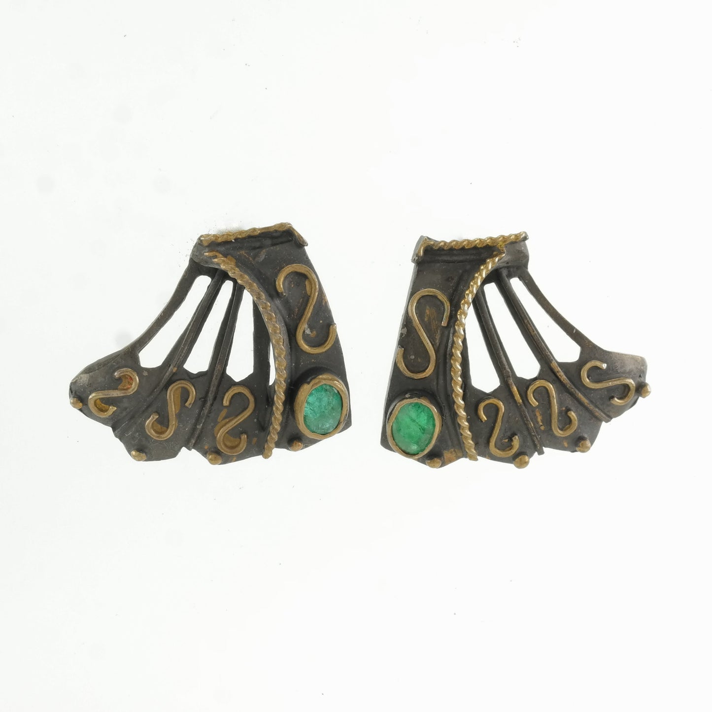 Vintage Emerald Stud Earrings Sterling Silver Sevan Green Gold Toned Accents