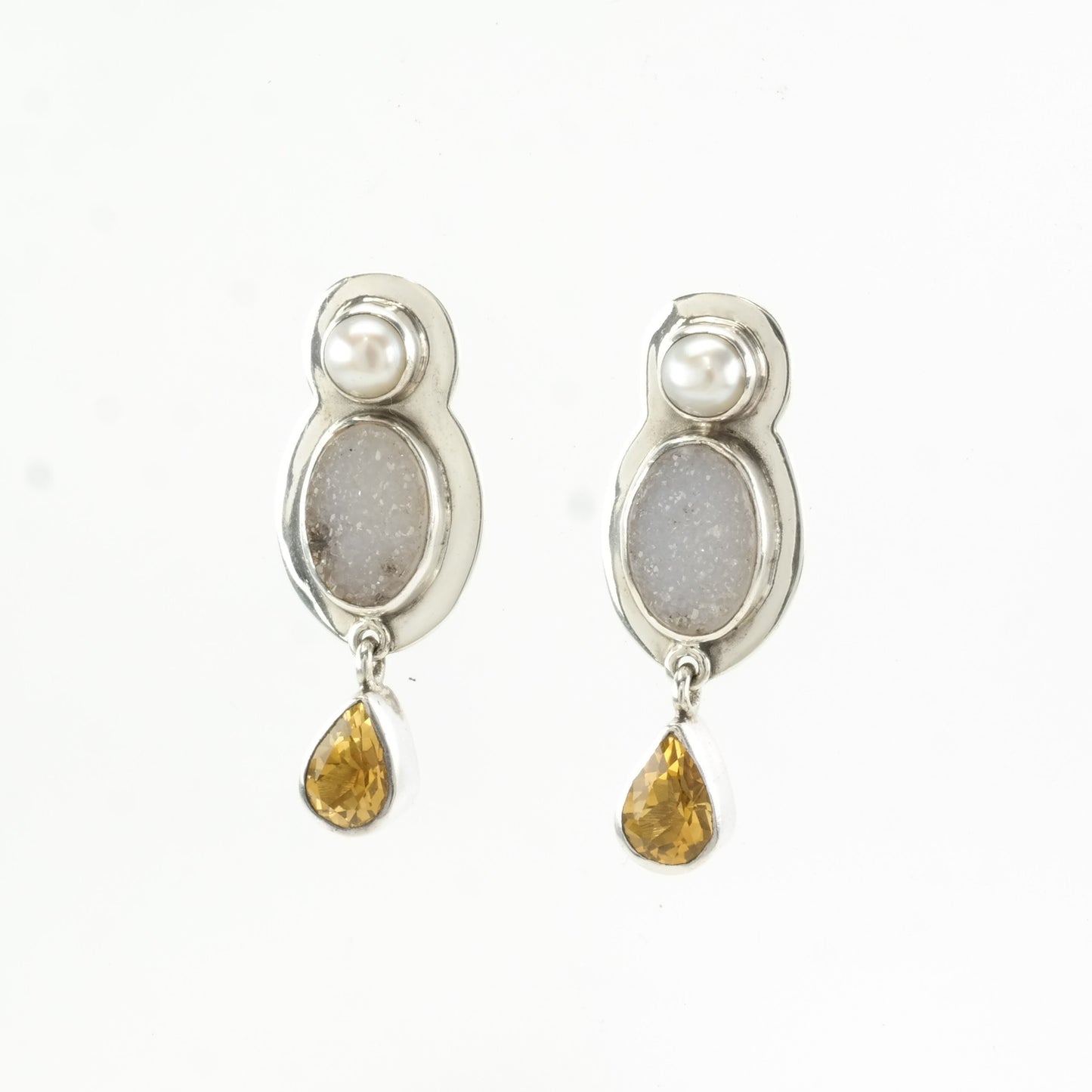 The Dreamer Sterling Silver White Pearl, Druzy Quartz Citrine Earrings Stud, dangle