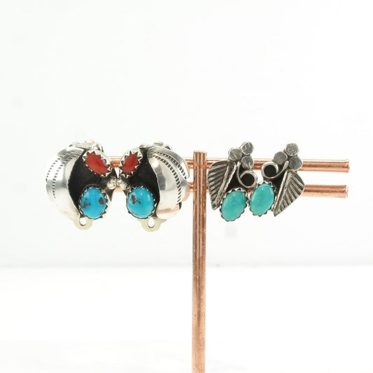 Choice of Vintage Sterling Silver Clip on, Stud Earrings Native American Blue, Red Turquoise, Coral Floral