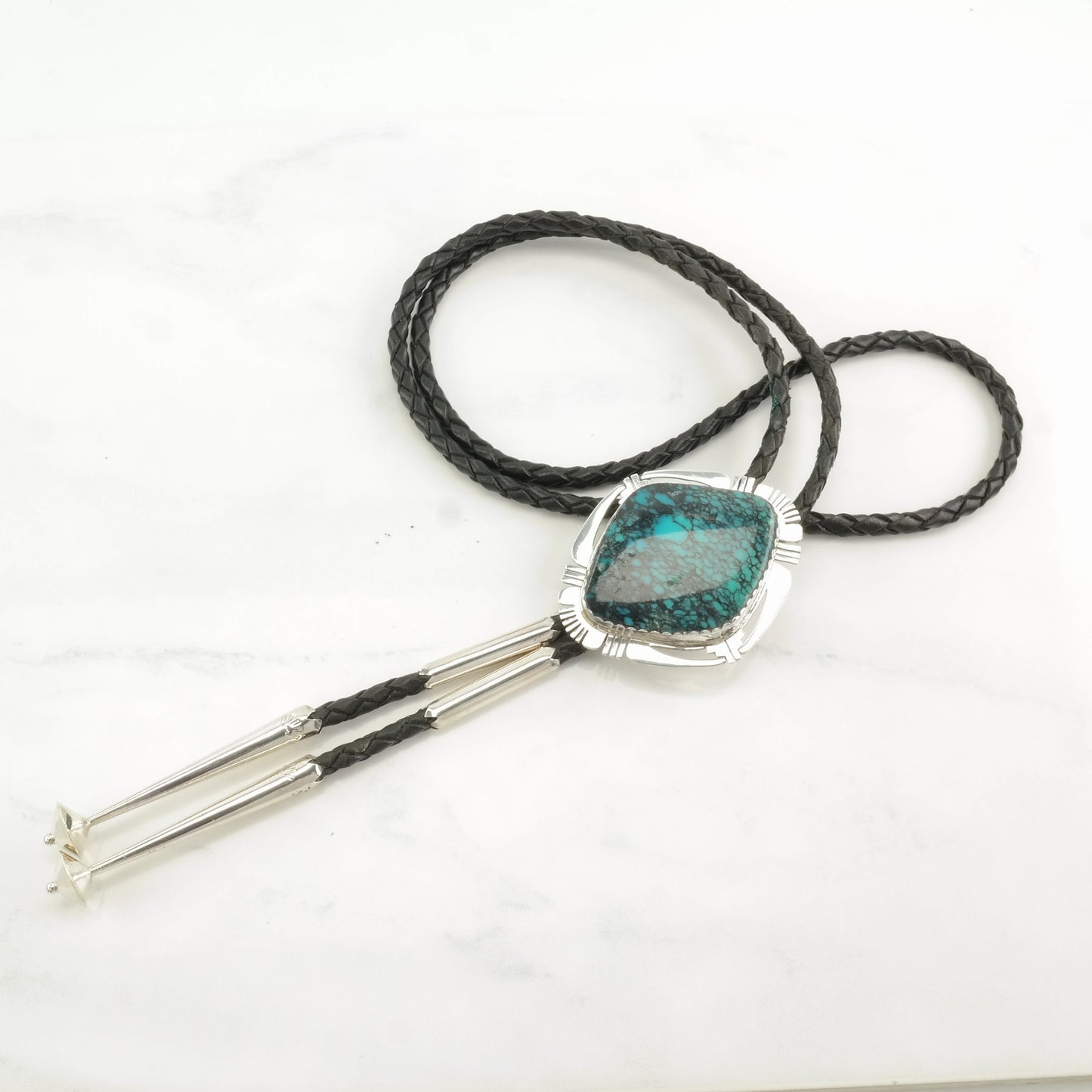 Vintage Native American Sterling Silver Blue Spidewerb, Turquoise Bolo Tie