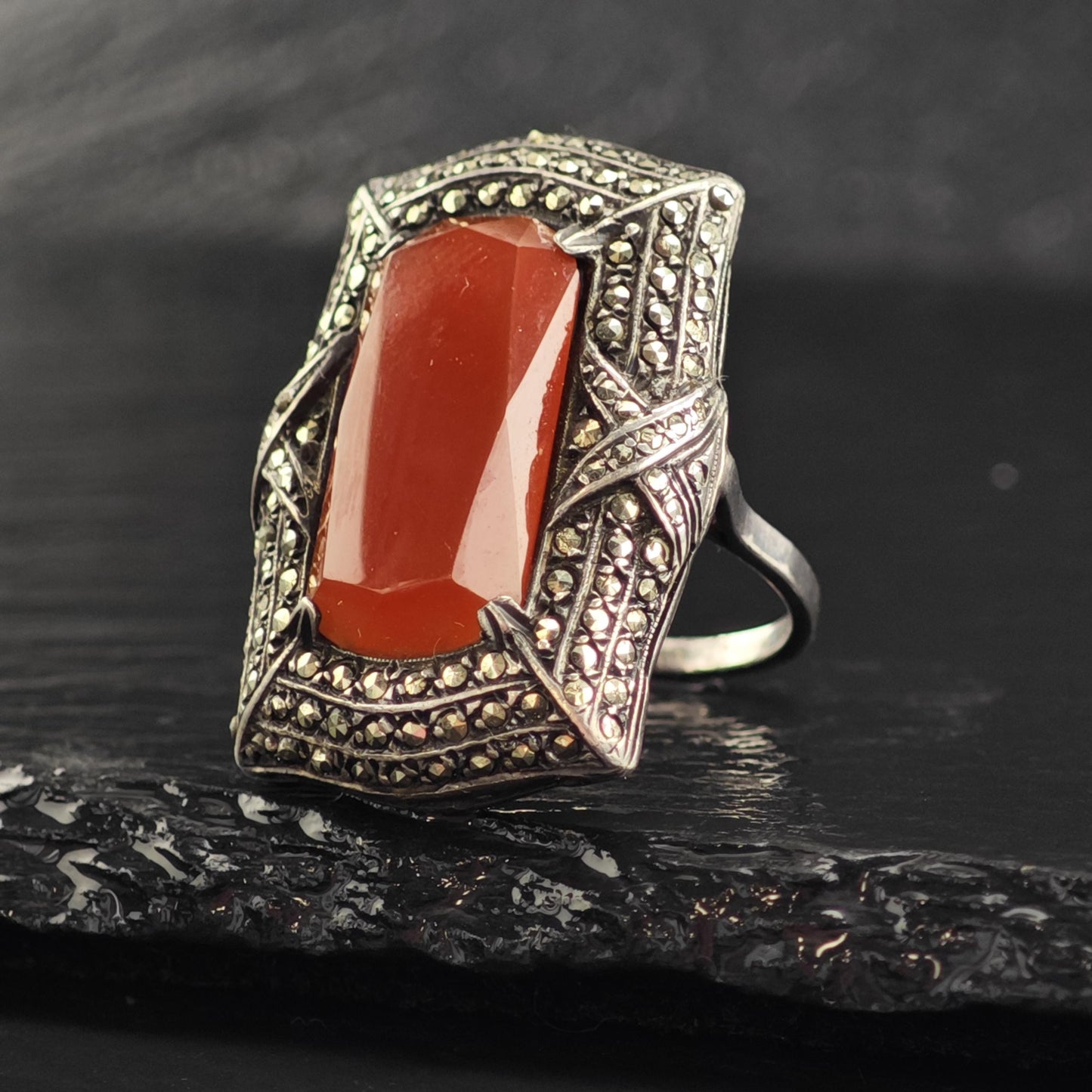 Vintage Art Deco Carnelian Sterling Silver Ring Sz 7.5 R6554