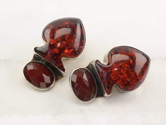 Sterling Silver Orange Red Amber Carnelian Clip-On Earrings