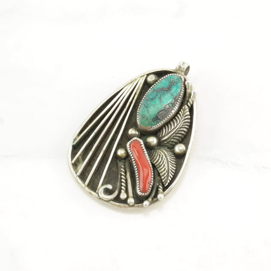 Native American Turquoise, Coral Leaf Sterling Silver Pendant