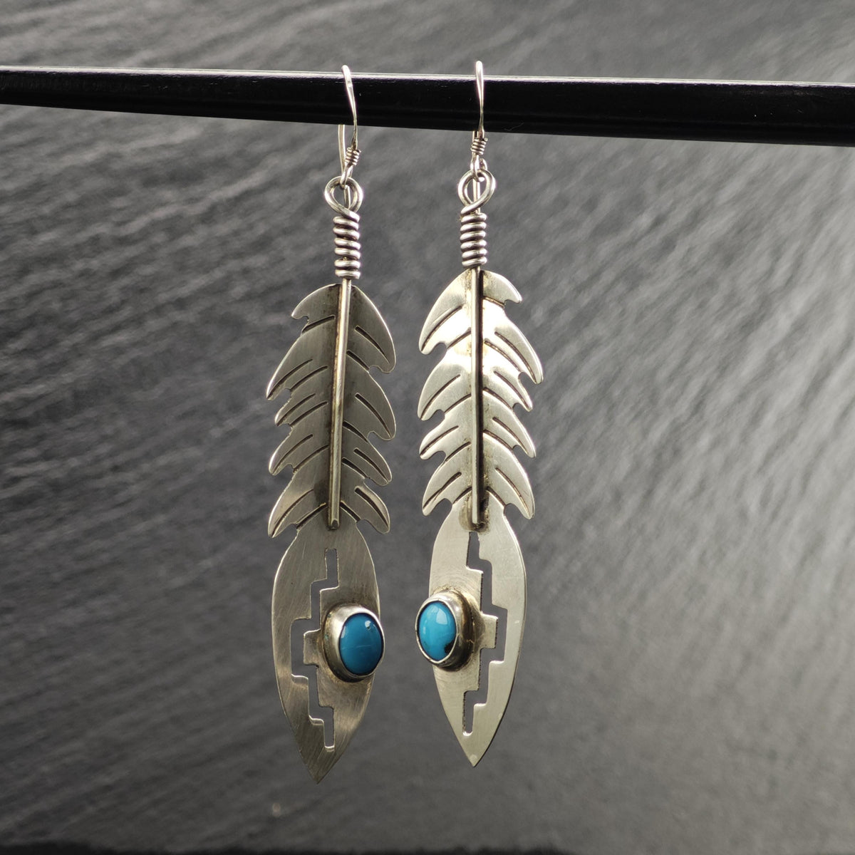 Navajo Turquoise Feather Design Dangle Sterling Silver Earrings ER3237