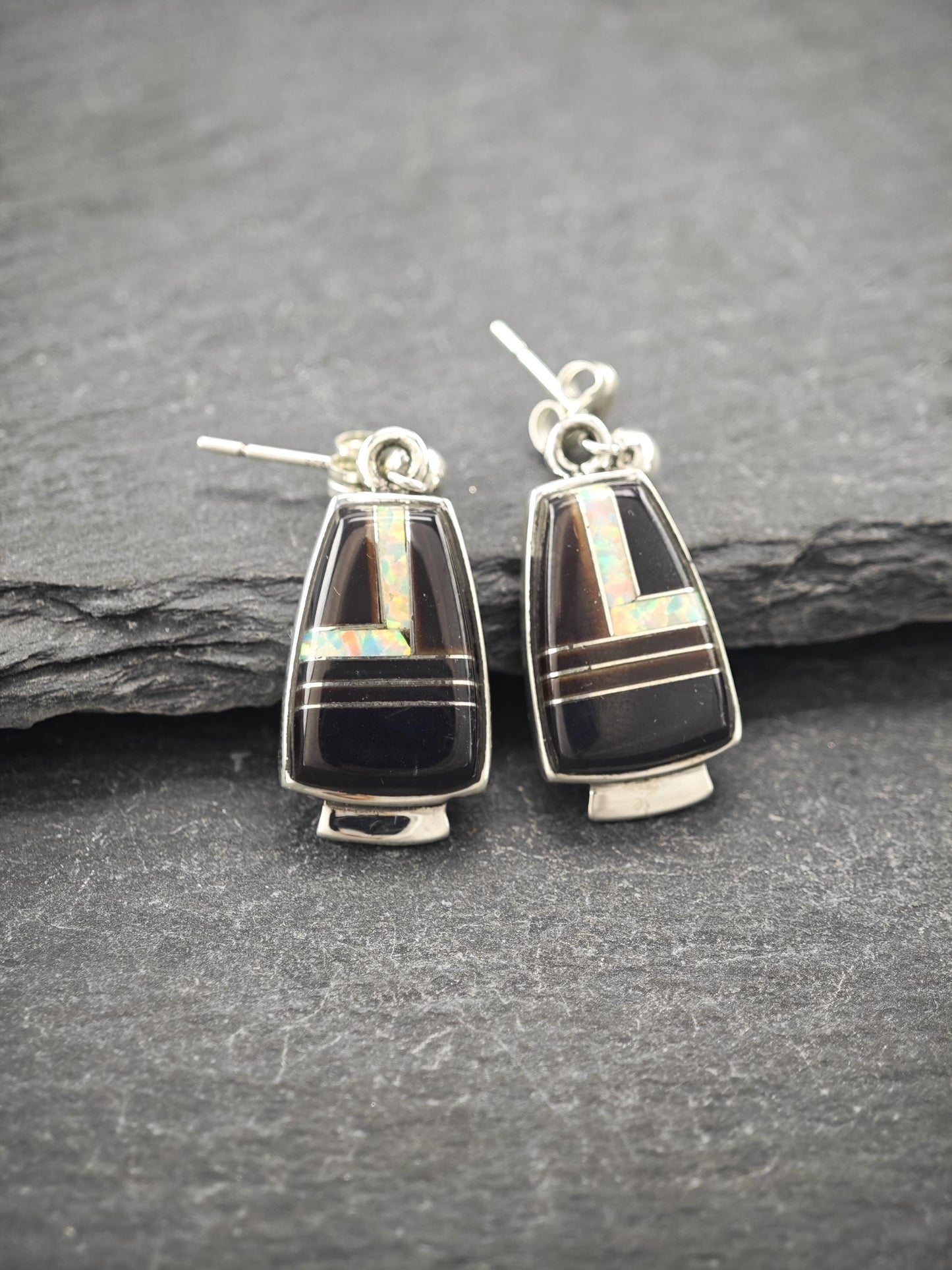 Choice of Southwest Inlay, Lab Opal Pierced Dangle Earrings Sterling Silver
