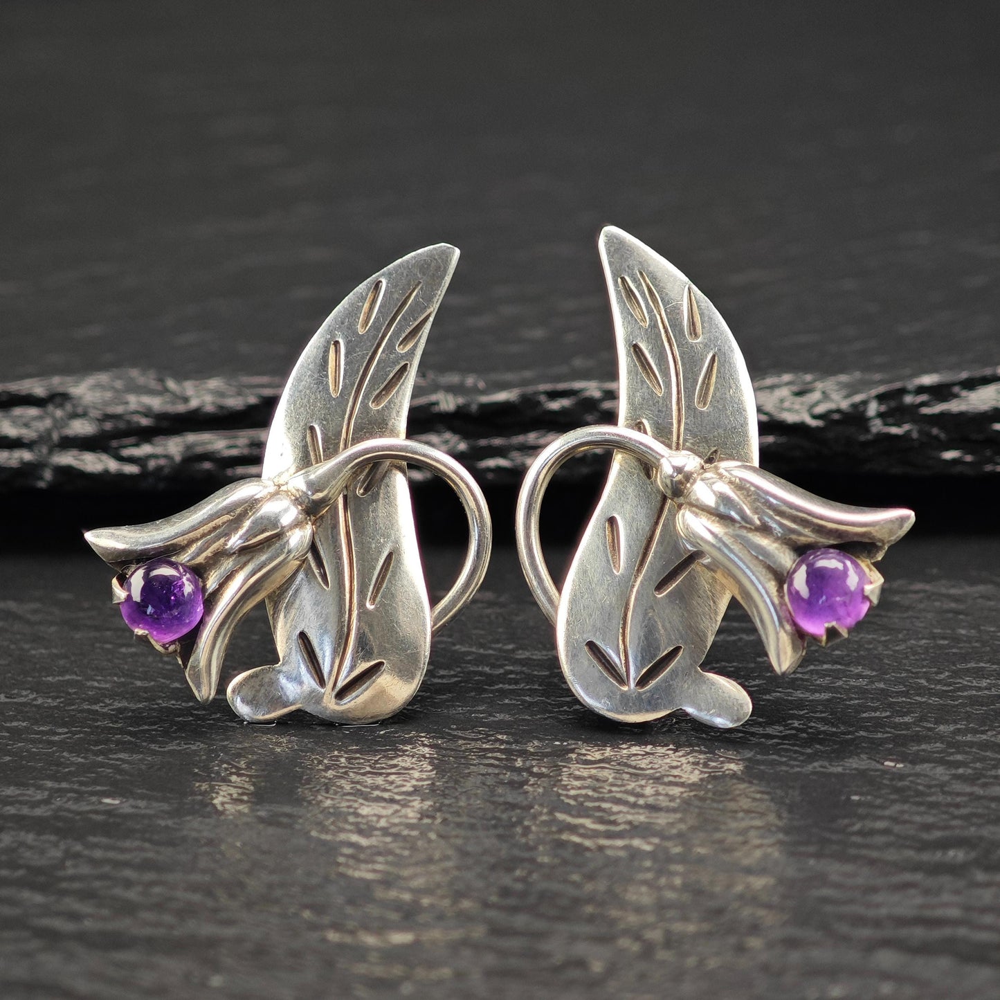 Taxco Amethyst Floral, Screw Back Earrings Sterling Silver