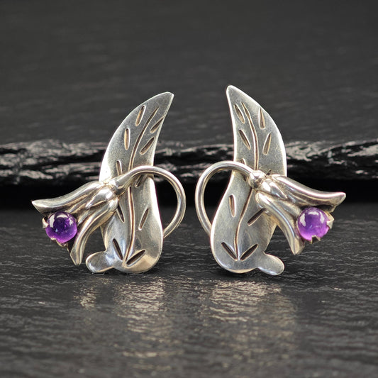 Taxco Amethyst Floral, Screw Back Earrings Sterling Silver