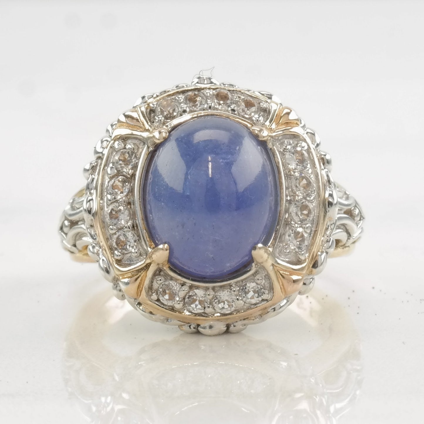 Sterling Silver Ring Tanzanite, White Topaz Two Tone Size 7