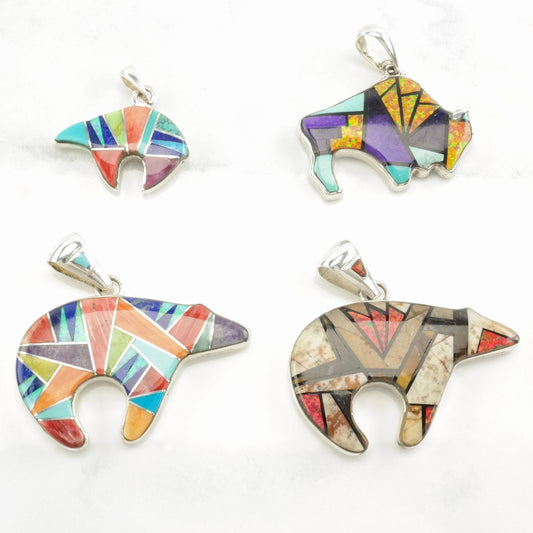 Vintage Southwest Lab Opal, Multi Gem Inlay, Bear, Buffalo, Reversible Sterling Silver Pendant