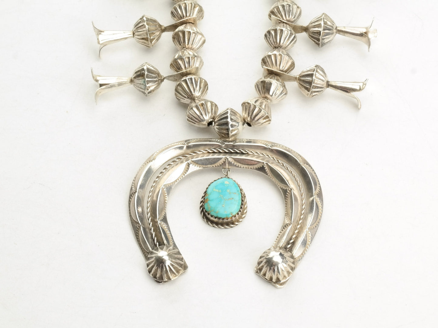 Native American Turquoise Squash Blossom Necklace Sterling Silver