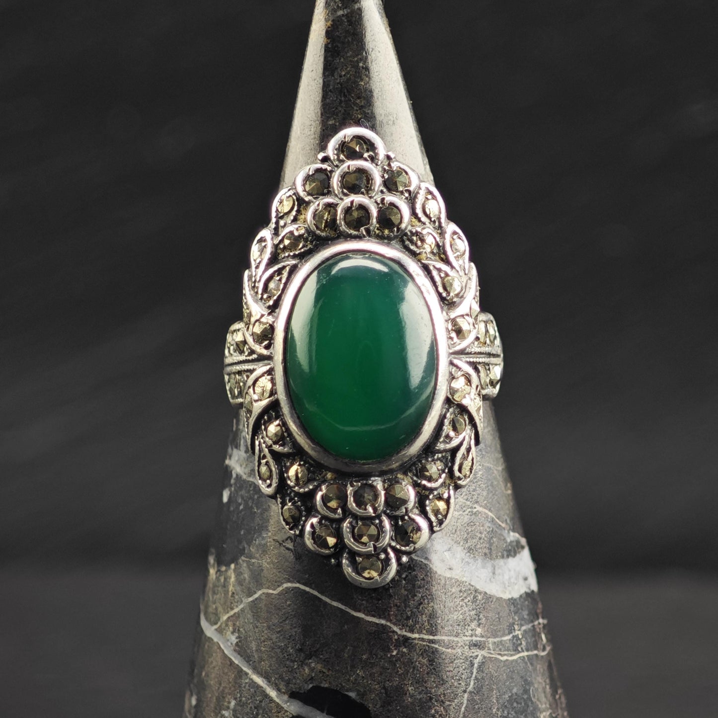 Art Deco Chrysoprase Sterling Silver Ring Sz 6 3/4 R6708