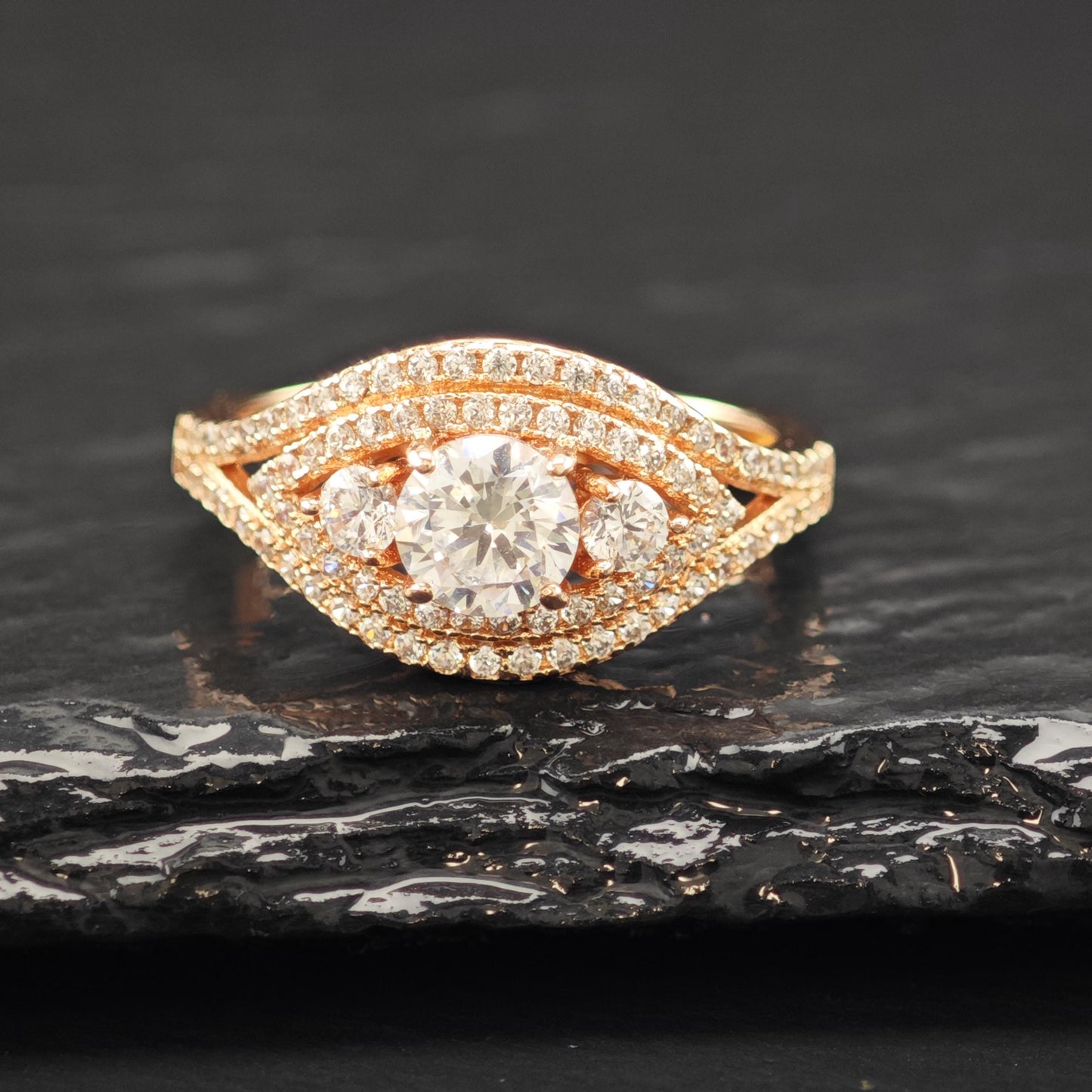CZ 14K Rose Gold Plated Ring Sterling Silver Sz 8 3/4 R6165