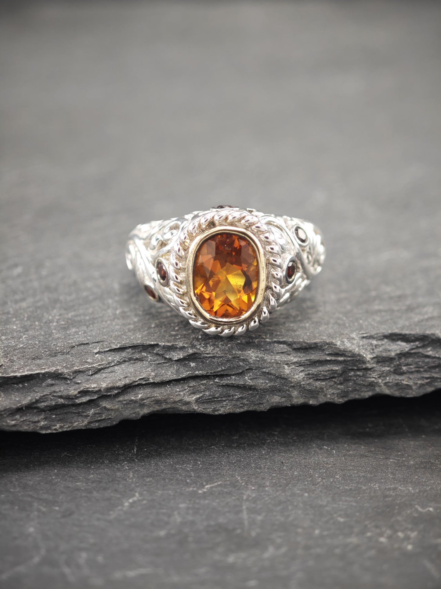 Citrine, Garnet, Gold Bezel Ring Sterling Silver
