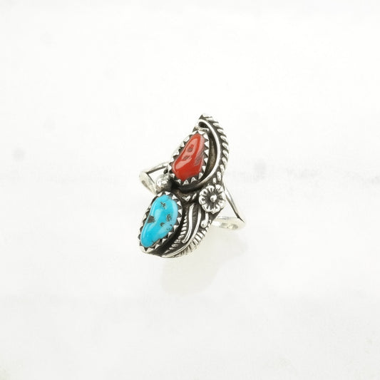 Native American Silver Ring Turquoise, Coral Floral Sterling Blue, Red Size 6 1/4