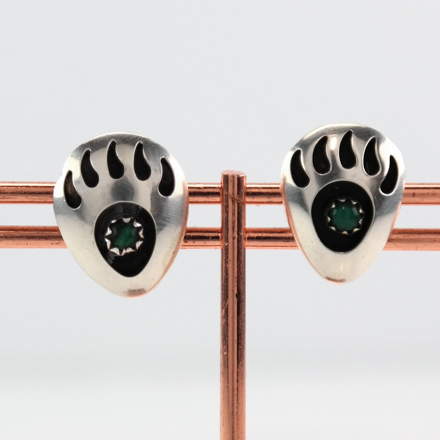 Southwest Sterling Silver Malachite Bear Paw Earrings Stud