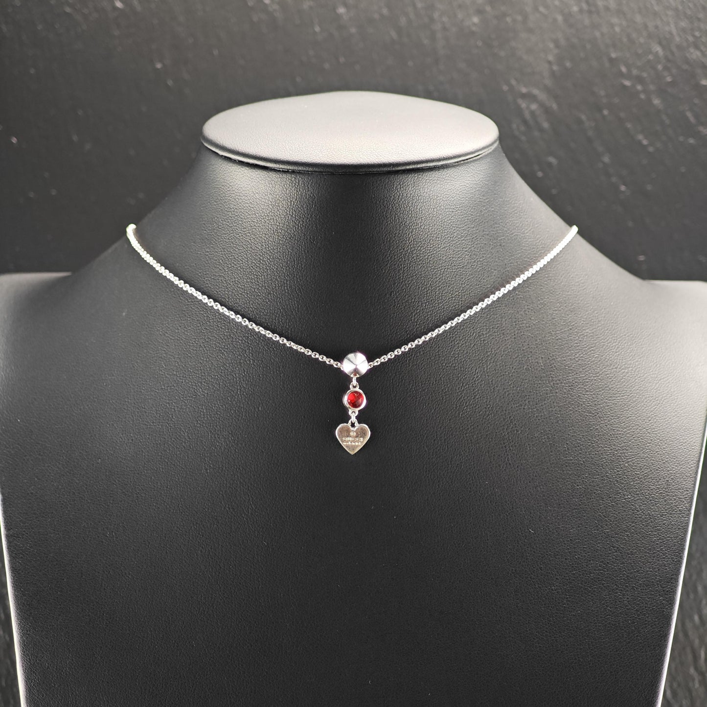 Gucci Sterling Silver Red Crystal Heart, Modernist Necklace N2592