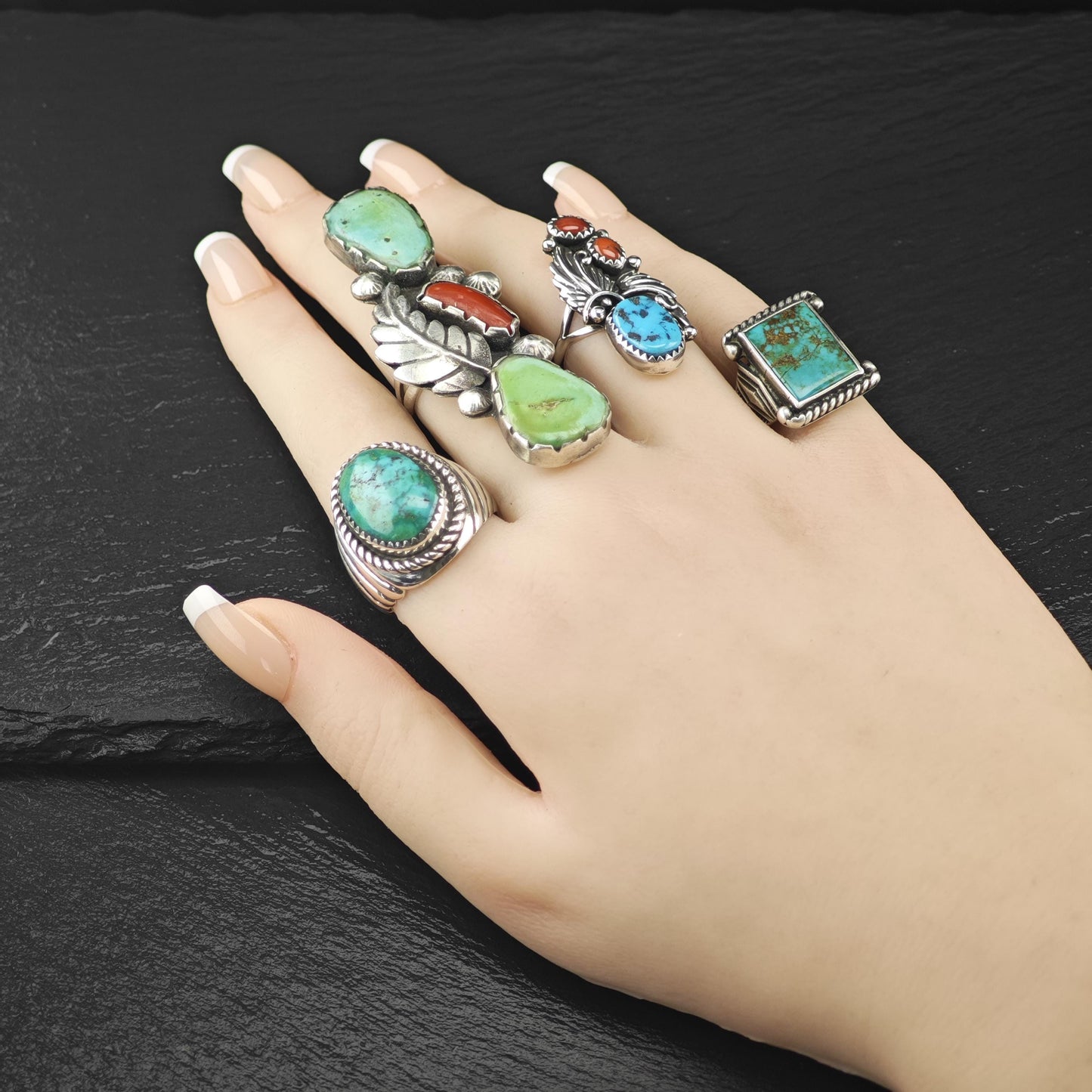 Native American Turquoise, Coral Ring Sterling Silver