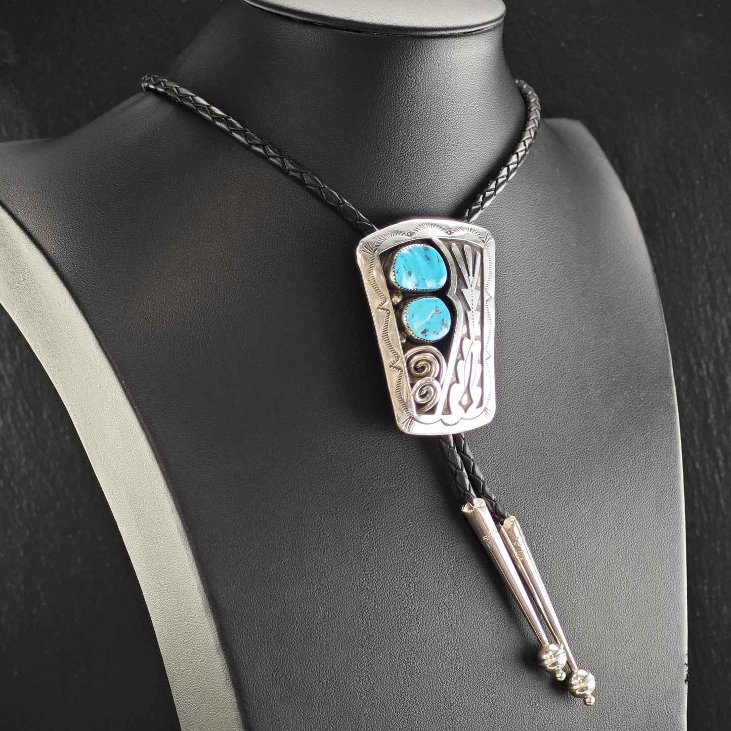 Vintage Native American Sterling Silver Sleeping Beauty Turquoise Shadow Box Bolo Tie Necklace N2747
