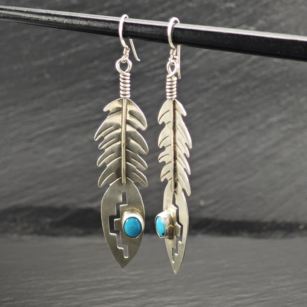 Navajo Turquoise Feather Design Dangle Sterling Silver Earrings ER3237