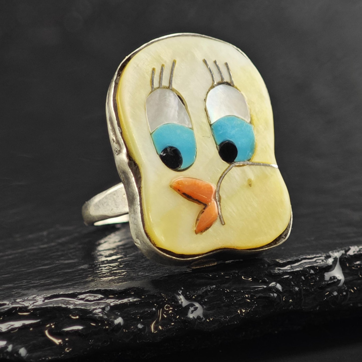 Cartoon Bird Inlay Sterling Silver Ring Sz 6 R6556