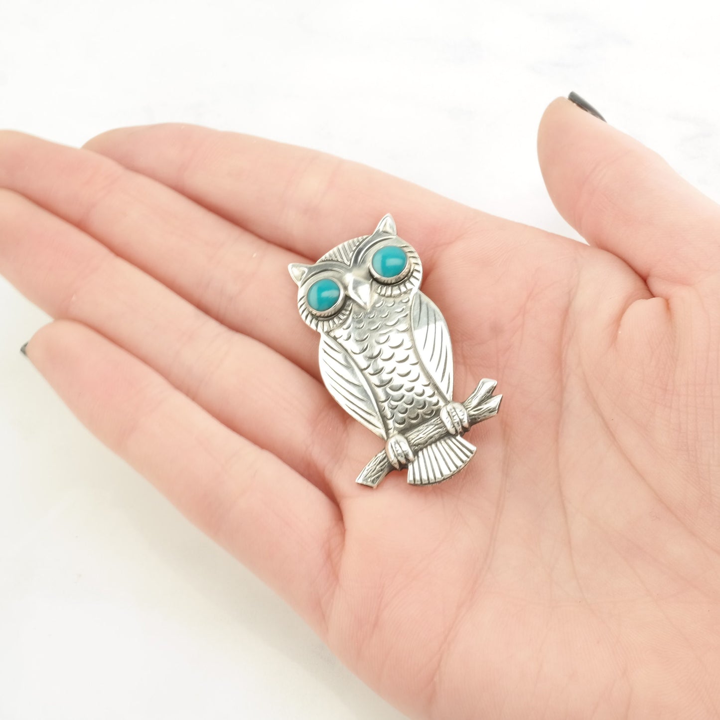 Vintage Bell Trading Post Sterling Silver Brooch Owl Blue Block Turquoise