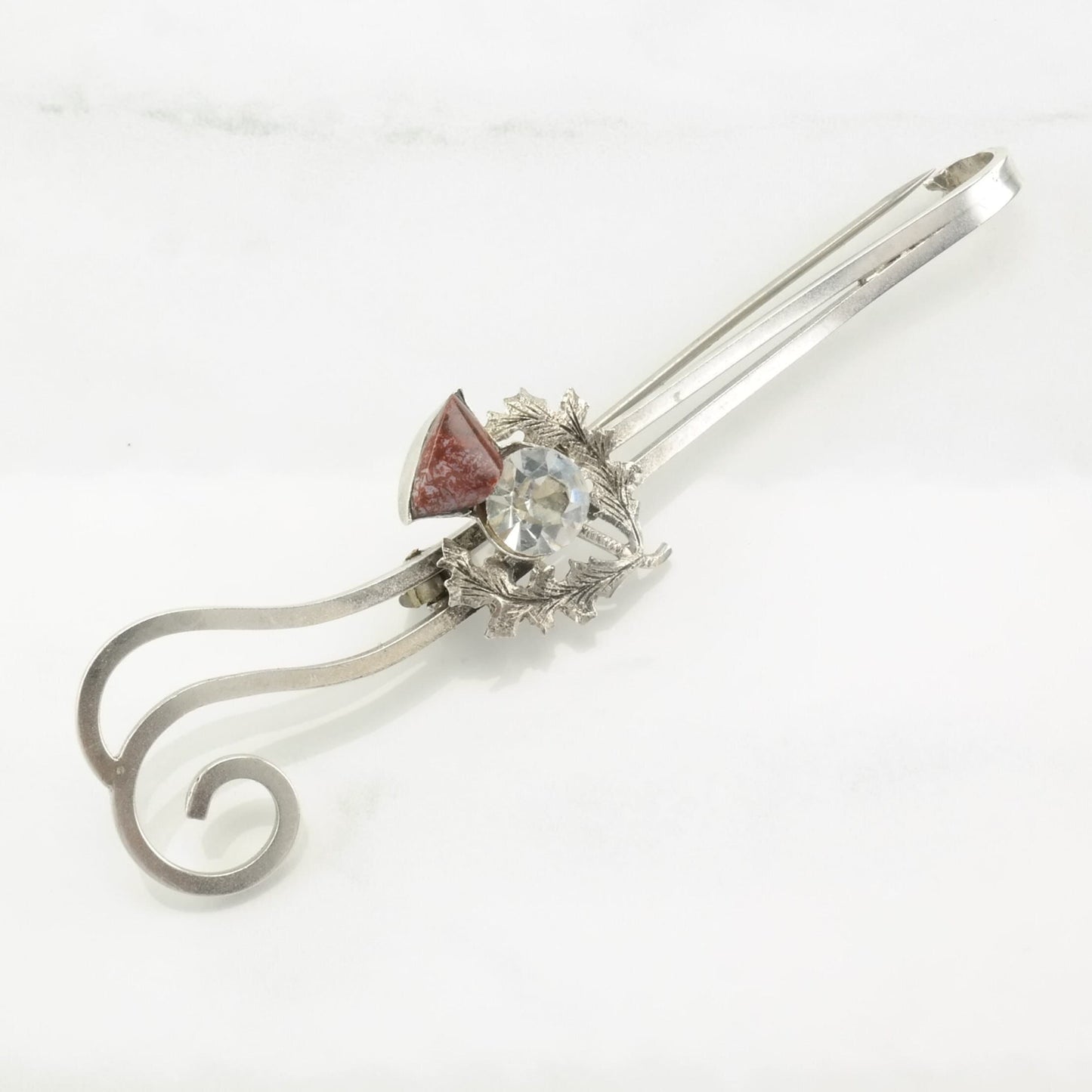 Antique Sterling Silver Brooch Scottish, Thistle Red Agate, Paste, Leaf