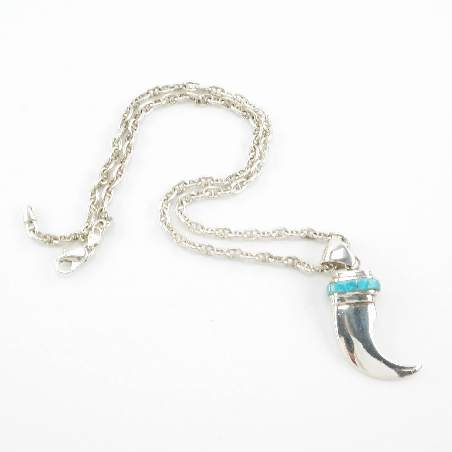 Southwest Sterling Silver Blue Turquoise Inlay Silver Faux Claw Necklace