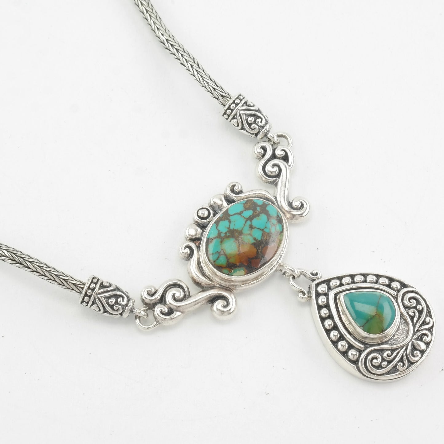 Southwest Sterling Silver Blue, Brown Turquoise Ornate Necklace