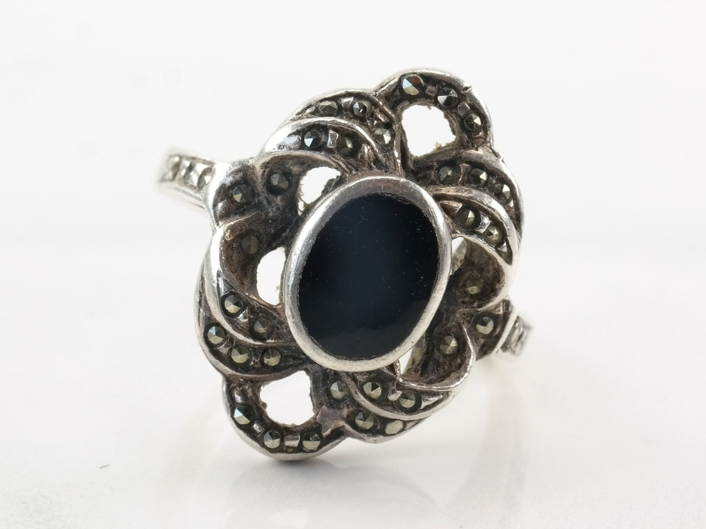 Vintage Sterling Silver Ring Marcasite, Onyx Black Size 6