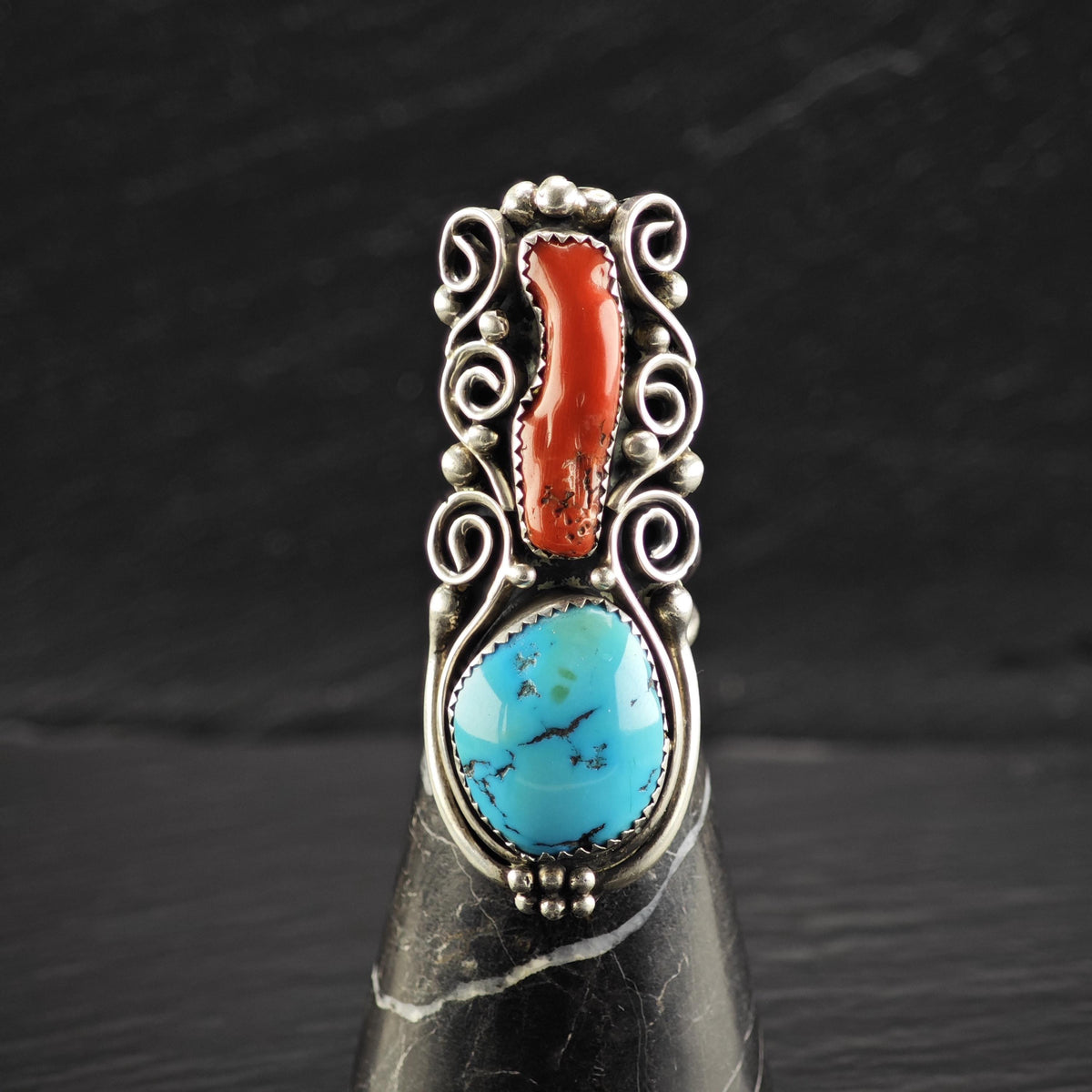 Native American Large Turquoise Coral Sterling Silver Ring Sz 8 1/2 R6870