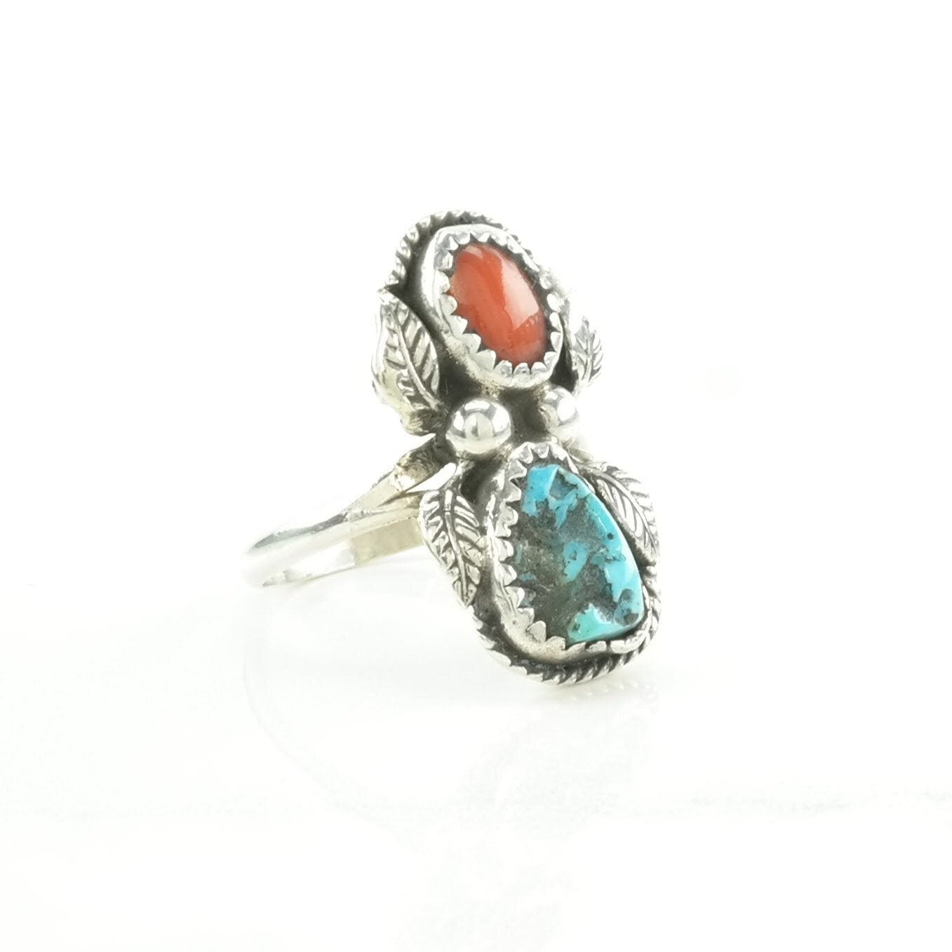 Native American Silver Ring Turquoise, Coral Leaf Sterling Blue, Red Size 6 3/4