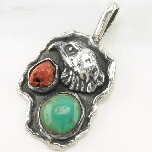 Vintage Turquoise, Coral Eagle Sterling Silver Pendant