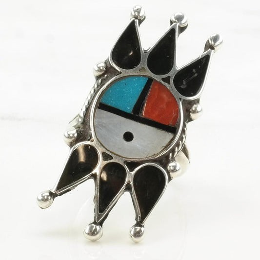 Vintage Native American Silver Ring Coral Turquoise MOP Onyx Inlay Sun Sterling Size 7 1/2