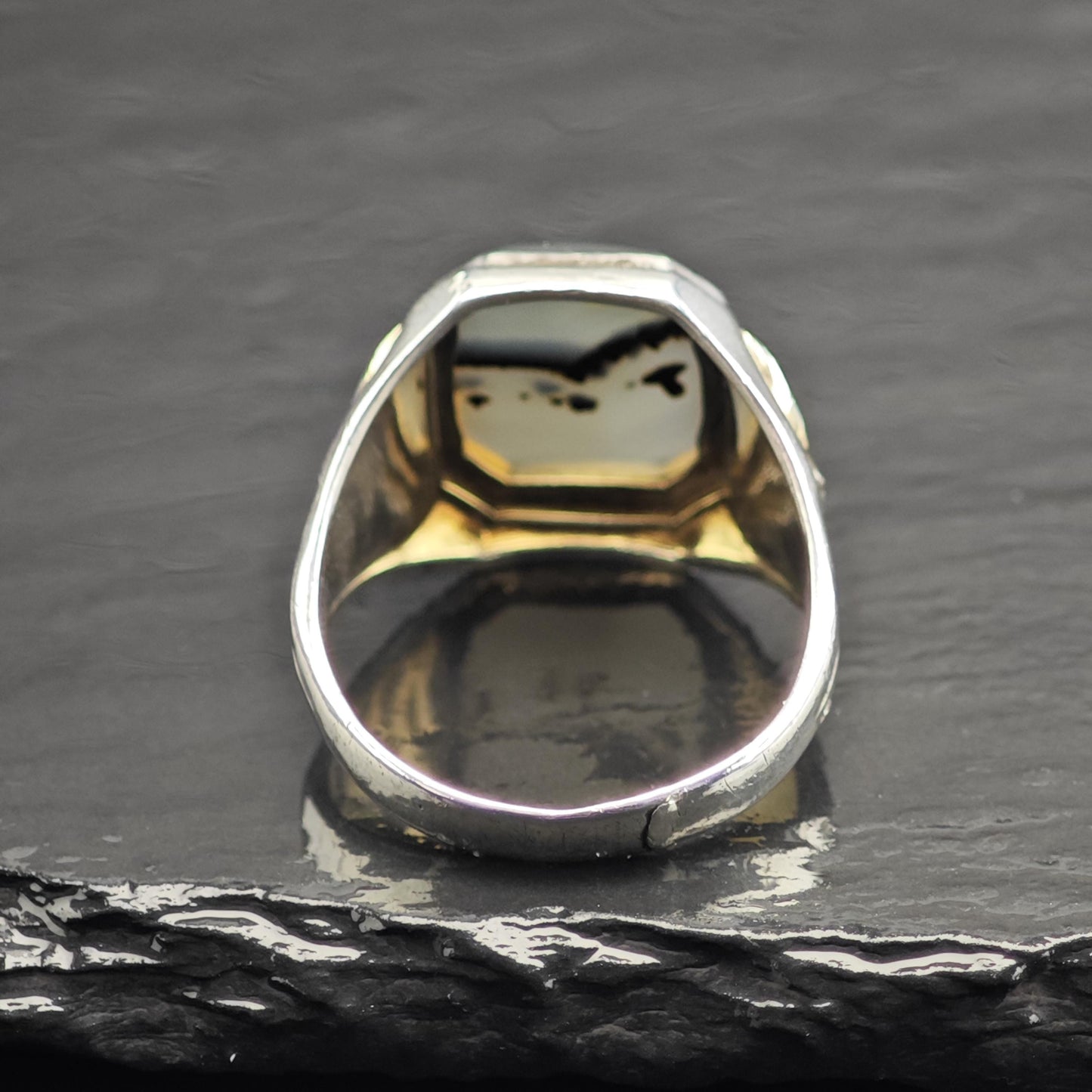 Art Deco Dendritic Moss Agate Signet Sterling Silver Ring Sz 11 1/2 R6719