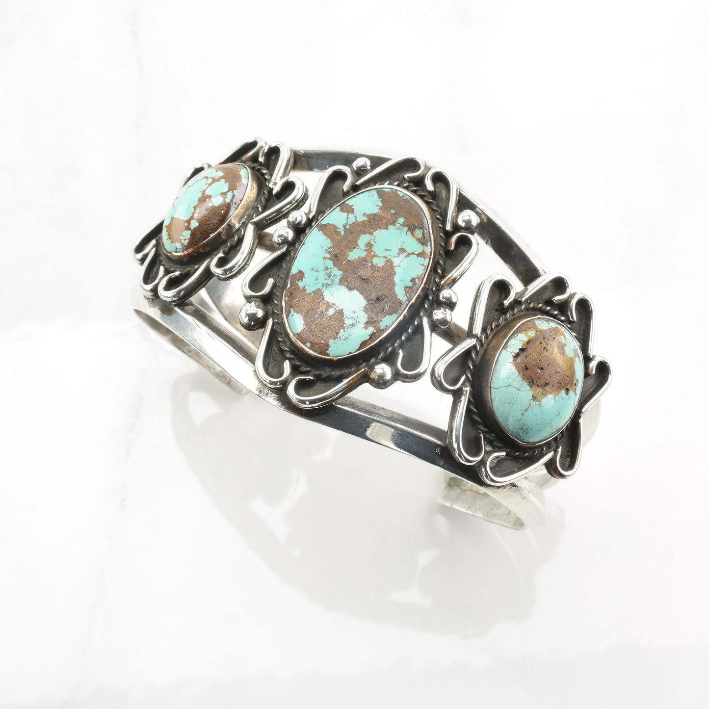 Number Eight Turquoise Native American Sterling Silver Cuff Bracelet Three Stone