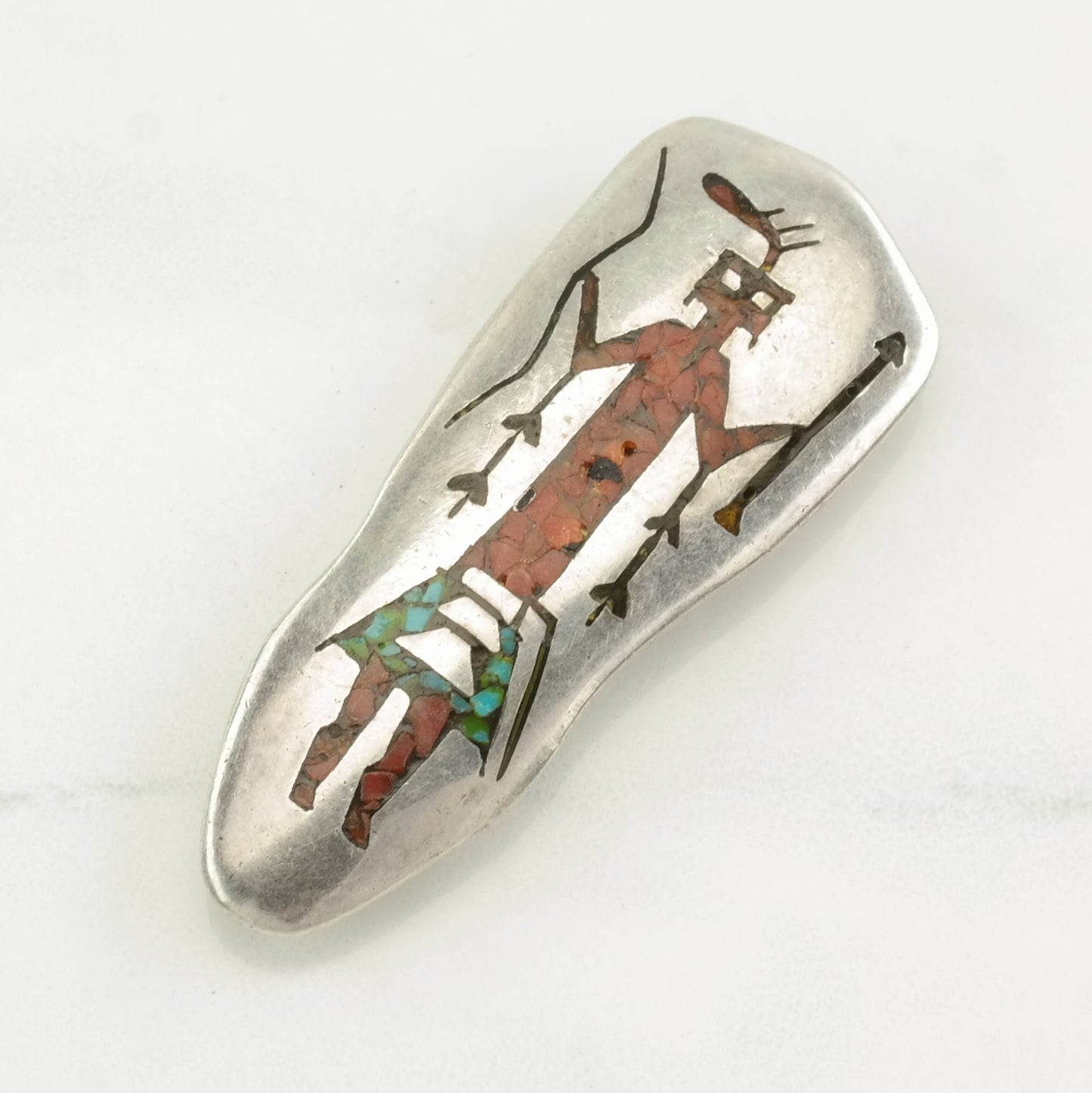 Native Crushed Coral, Turquoise Figure Sterling Silver Pendant P2284