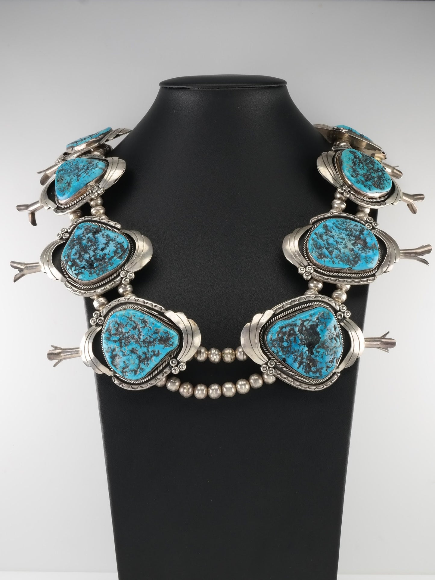 Large Kingman Turquoise squash blossom necklace Native American Sterling